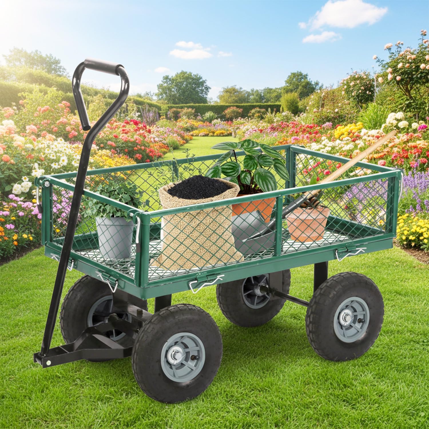 Large Capacity Garden Cart Heavy-Duty Steel Utility Wagon