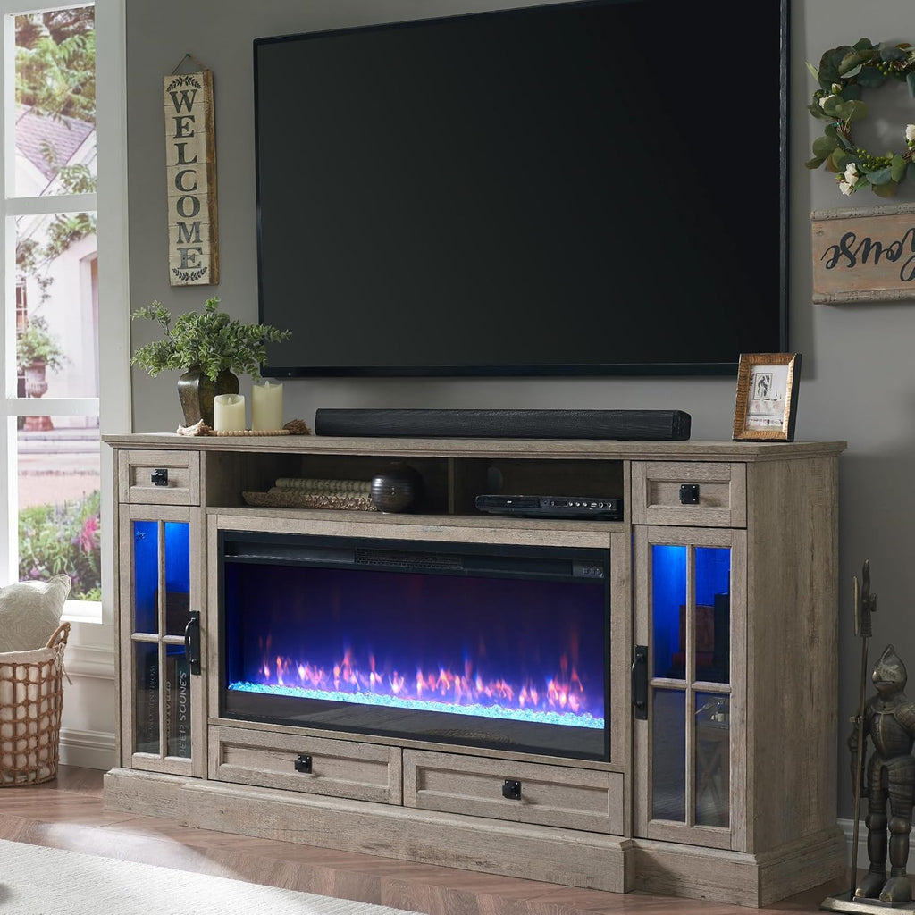 Farmhouse Fireplace TV Stand Entertainment Cabinet with Storage