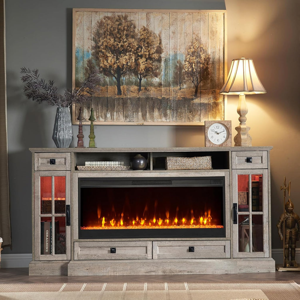 Farmhouse Fireplace TV Stand Entertainment Cabinet with Storage
